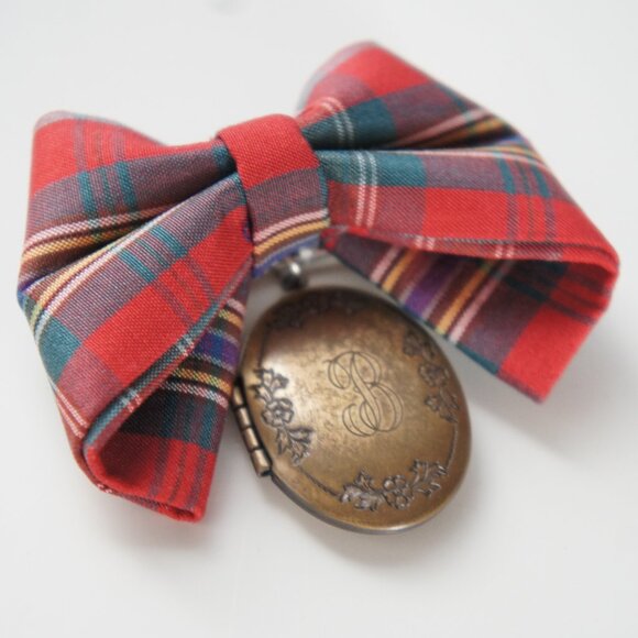 Vintage 1950s Plaid Tartan Gold Oval Locket Brooch Pin - Picture 2 of 9